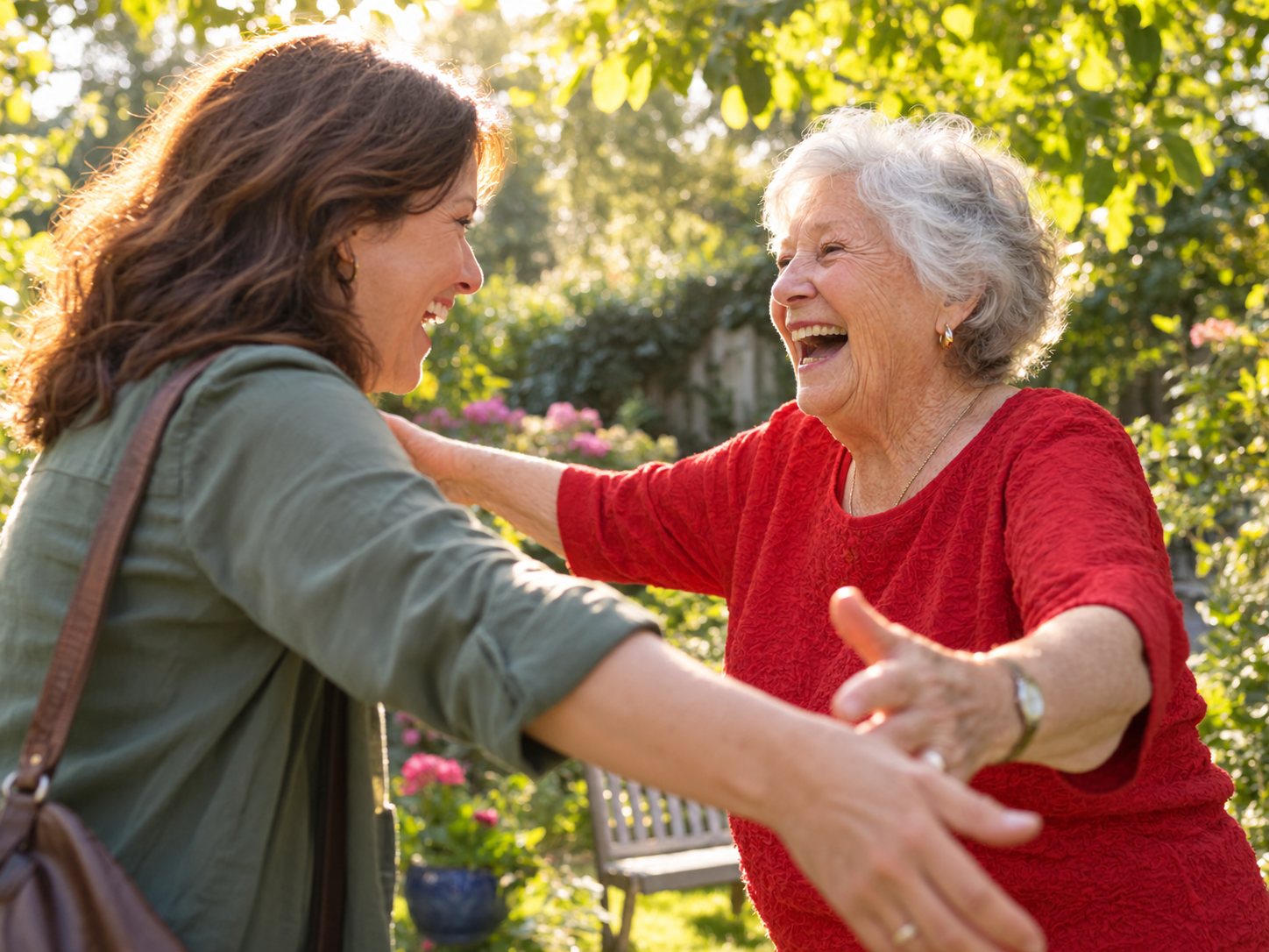 An adult daughter greeting her delighted mother in a sunlit garden